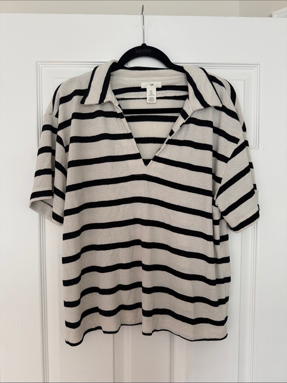 H&M Black & Cream Striped Short-Sleeve Polo terry cloth